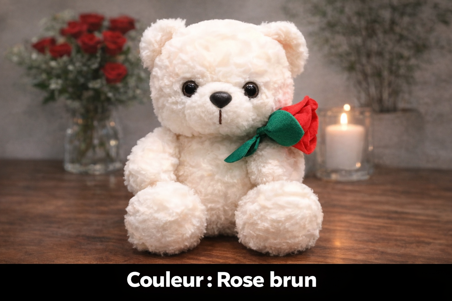 🧸 Ourson en Peluche avec Rose – Cadeau Tendre & Romantique