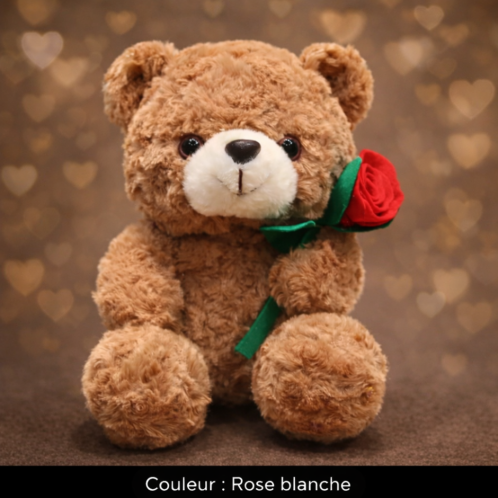 🧸 Ourson en Peluche avec Rose – Cadeau Tendre & Romantique