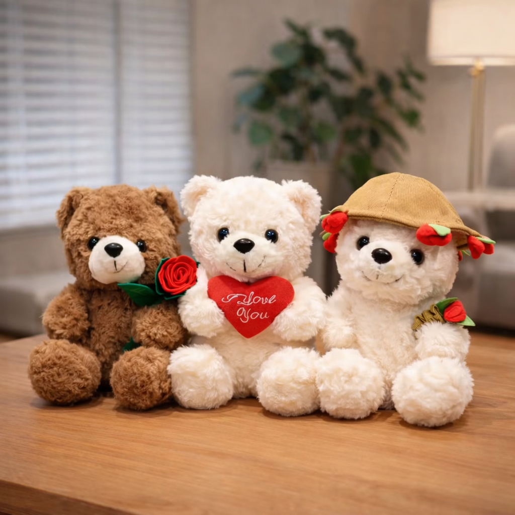 🧸 Ourson en Peluche avec Rose – Cadeau Tendre & Romantique