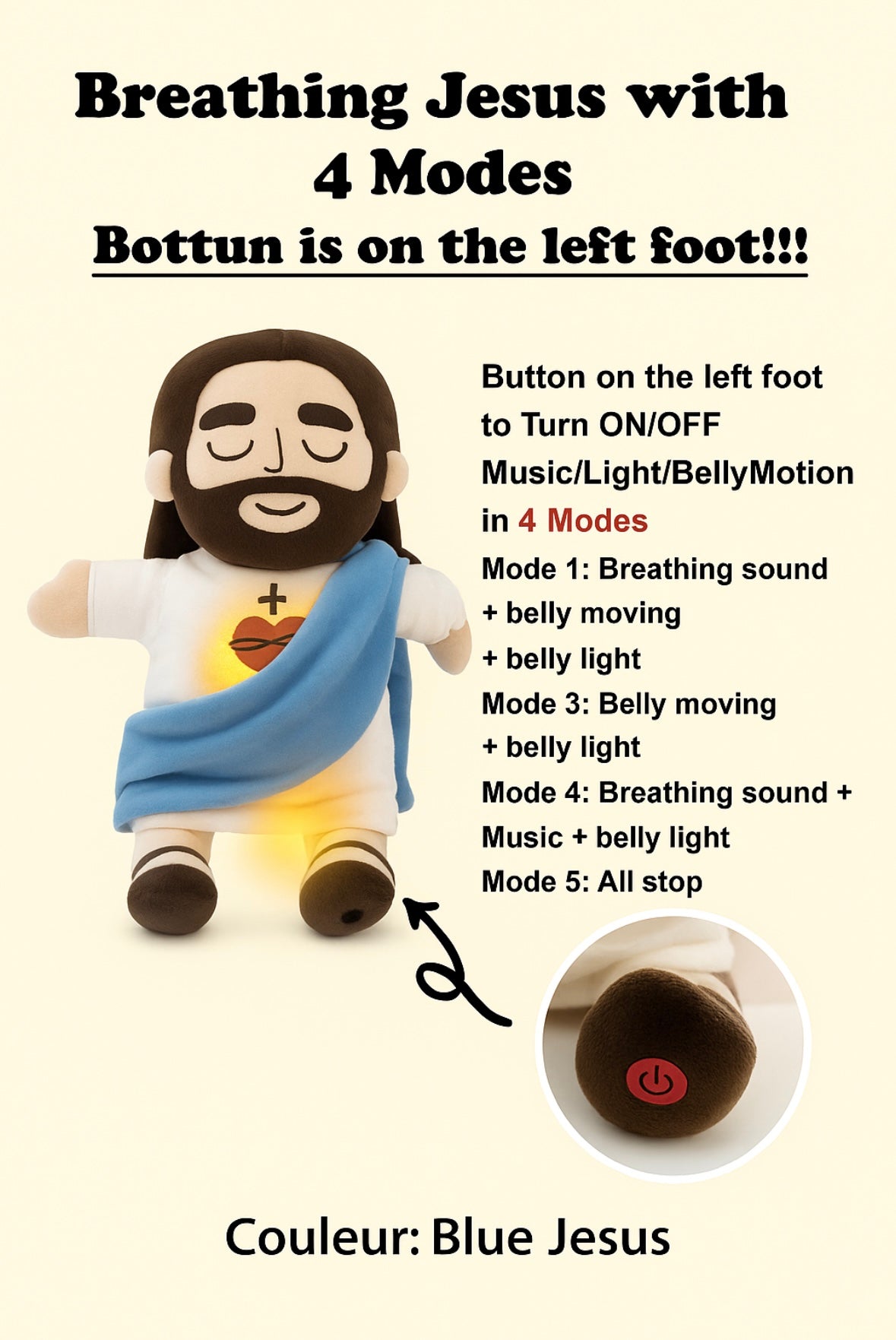 Peluche Jésus Apaisante Lumineuse (40 cm) | Soothing Light-Up Jesus Plush Toy