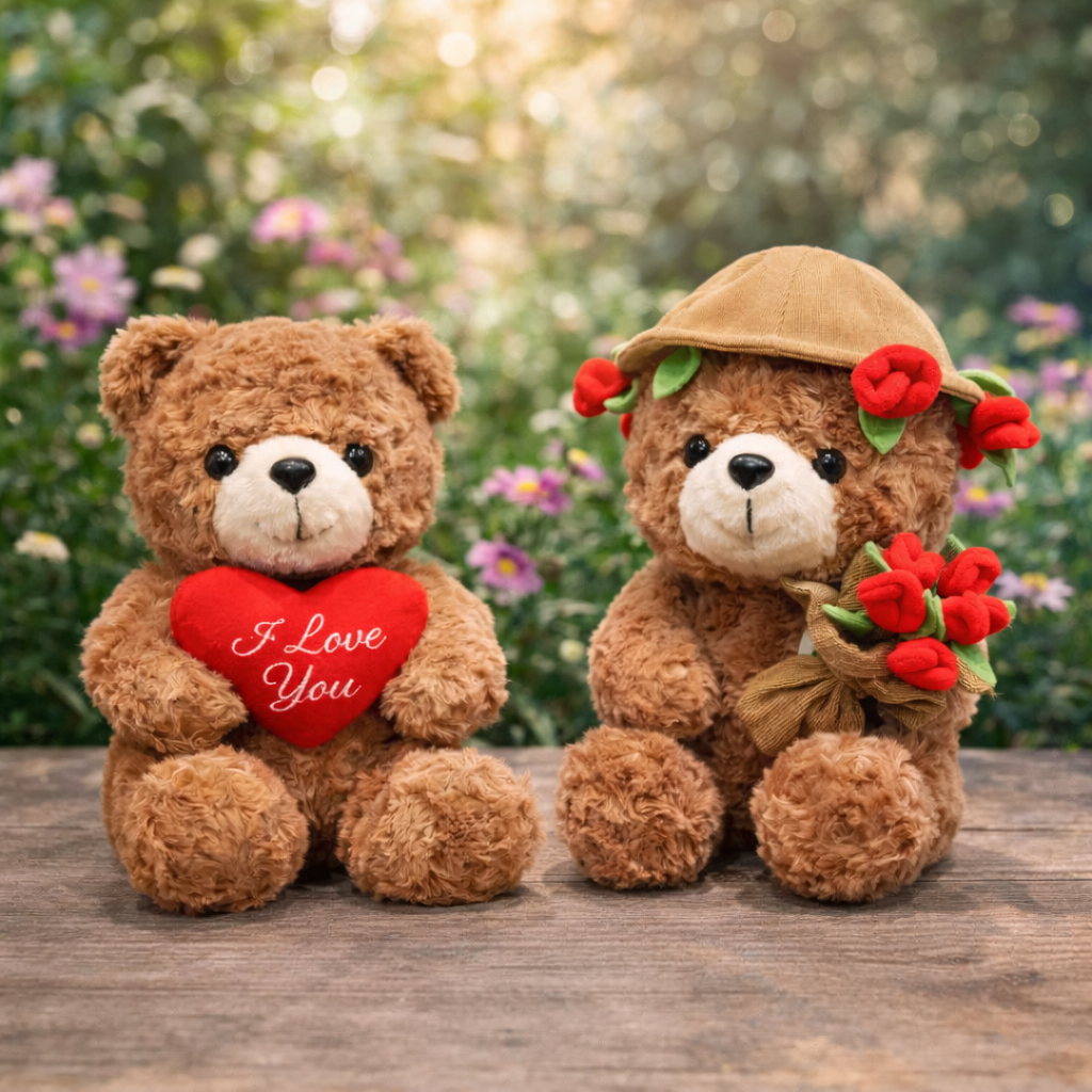 🧸 Ourson en Peluche avec Rose – Cadeau Tendre & Romantique