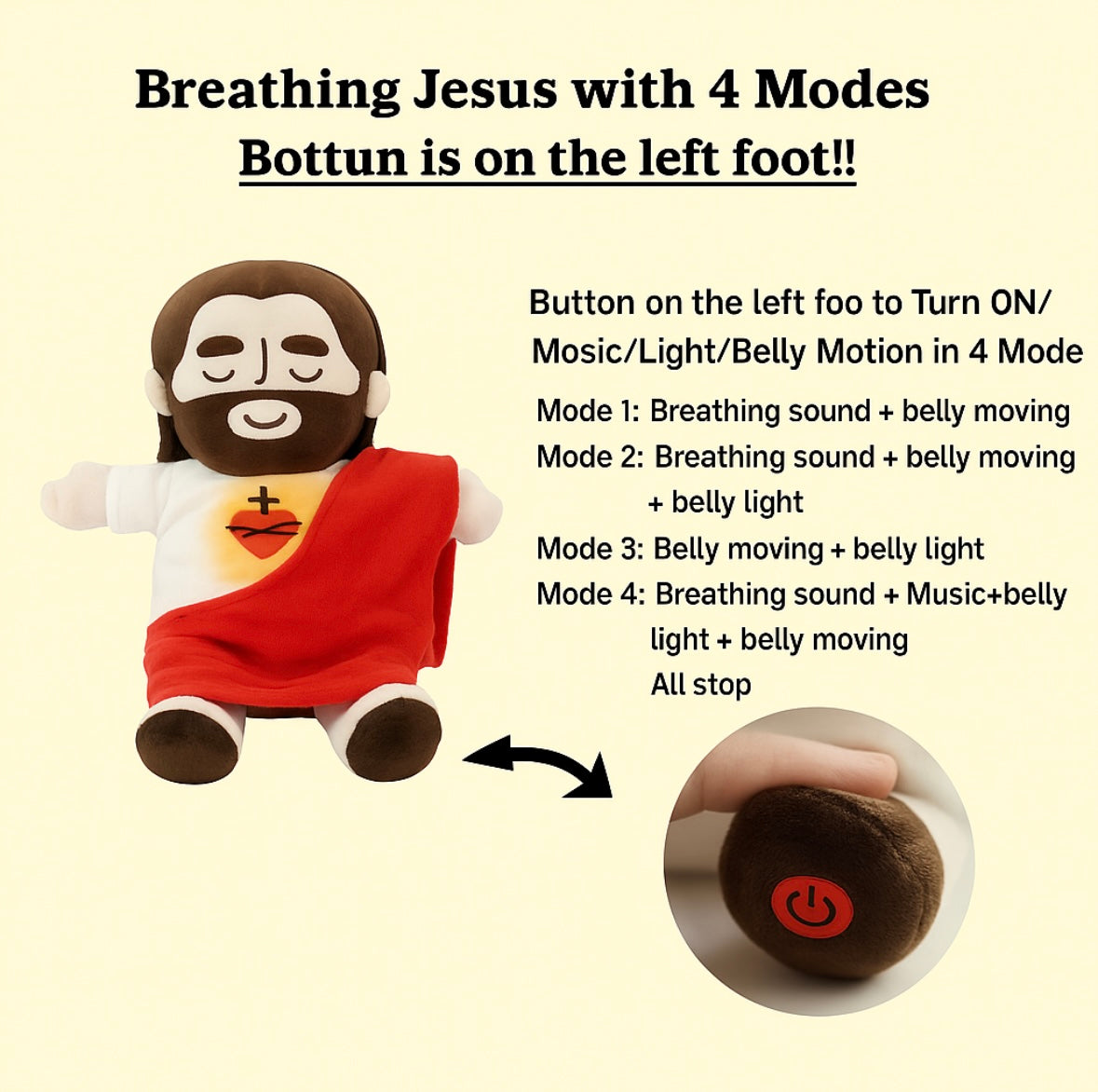 Peluche Jésus Apaisante Lumineuse (40 cm) | Soothing Light-Up Jesus Plush Toy